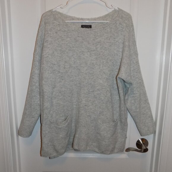 ABERCROMBIE & FITCH Womens Gray Sweater Pockets Large Boatneck Vtg Boho Oatmeal - Picture 1 of 8